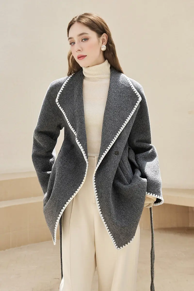 Oversized Wool Belted Wrap Coat With White Contrasting Stitch - MIAOOOO