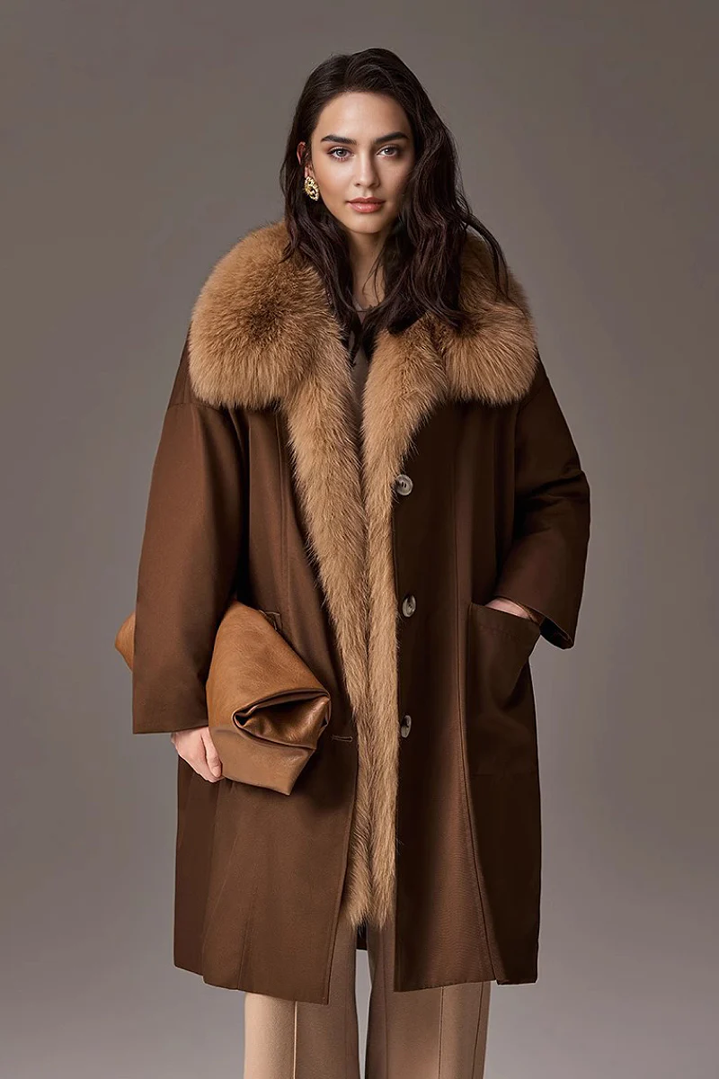 Rex Rabbit Fur Lined Shawl Collar Parka Coat with Detachable Fox Fur Collar - MIAOOOO