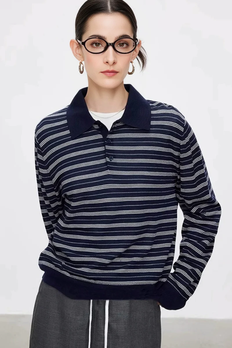 Washable Merino Wool Striped Polo Shirt - MIAOOOO