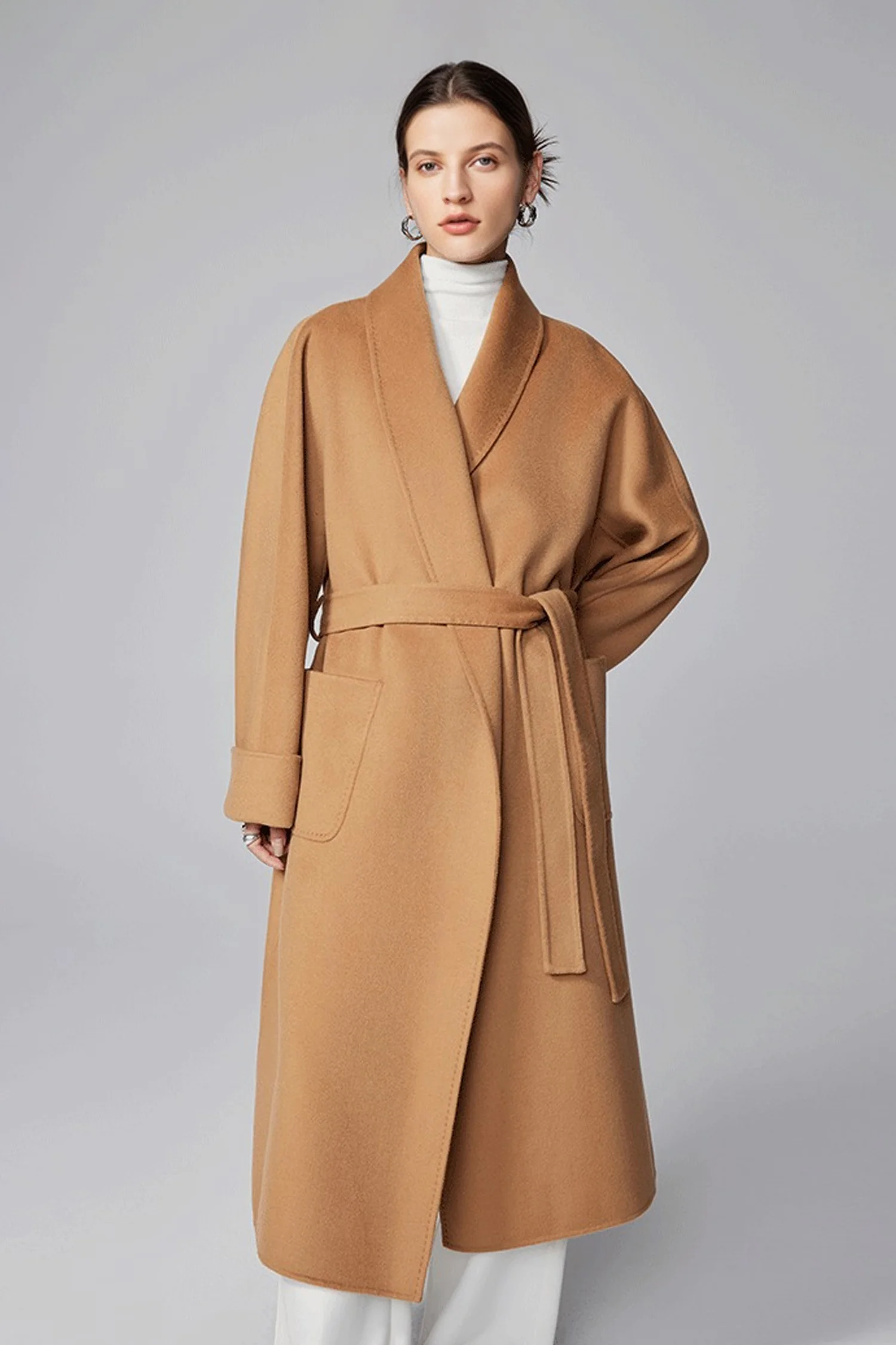 Hand-Finished Double-Faced Long Wool-Cashmere Wrap Coat - MIAOOOO