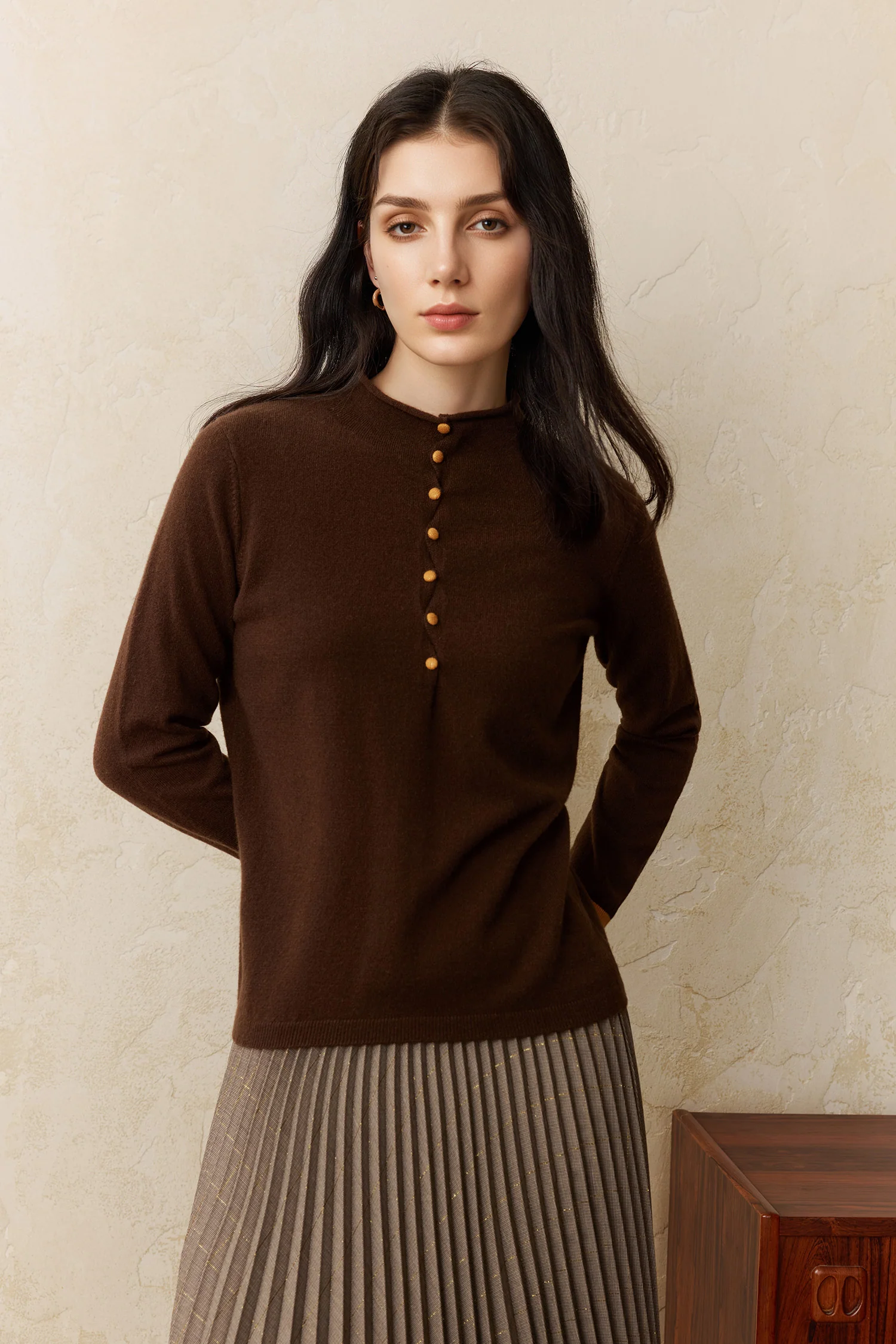 Lightweight Cashmere Fine-Knit Mock Neck Sweater - MIAOOOO