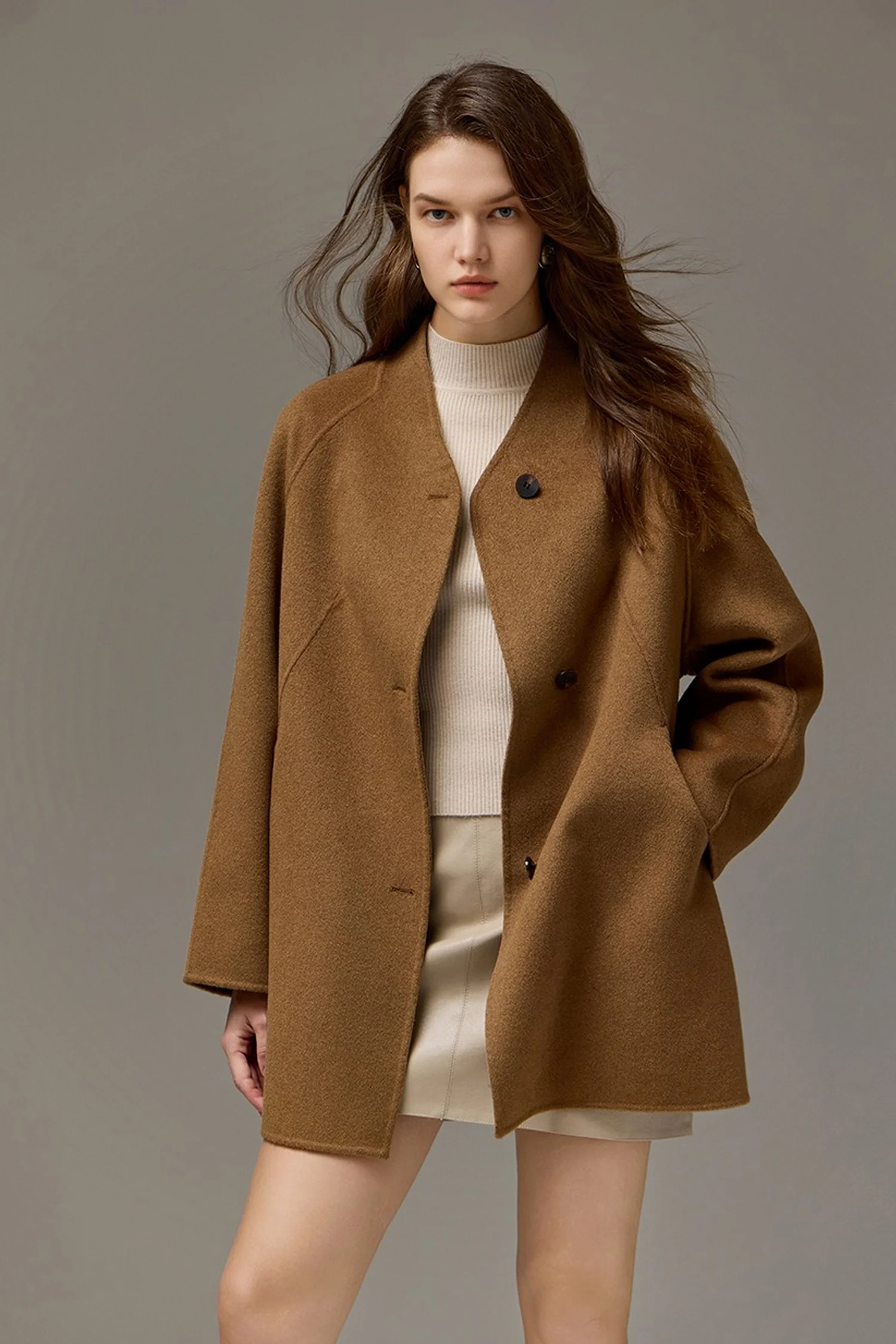 Collarless Silk-Wool Double-Faced Midi Coat - MIAOOOO