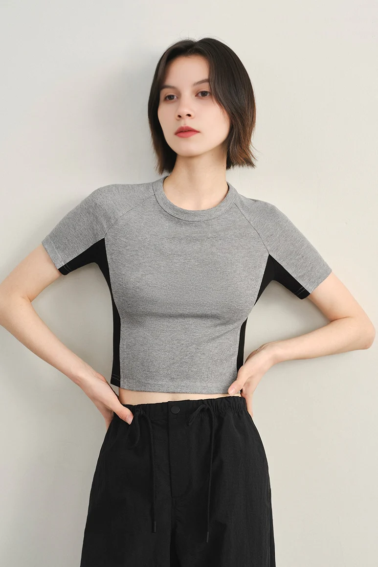 Stretchy Ribbed Crewneck Colorblock Cropped T Shirt - MIAOOOO