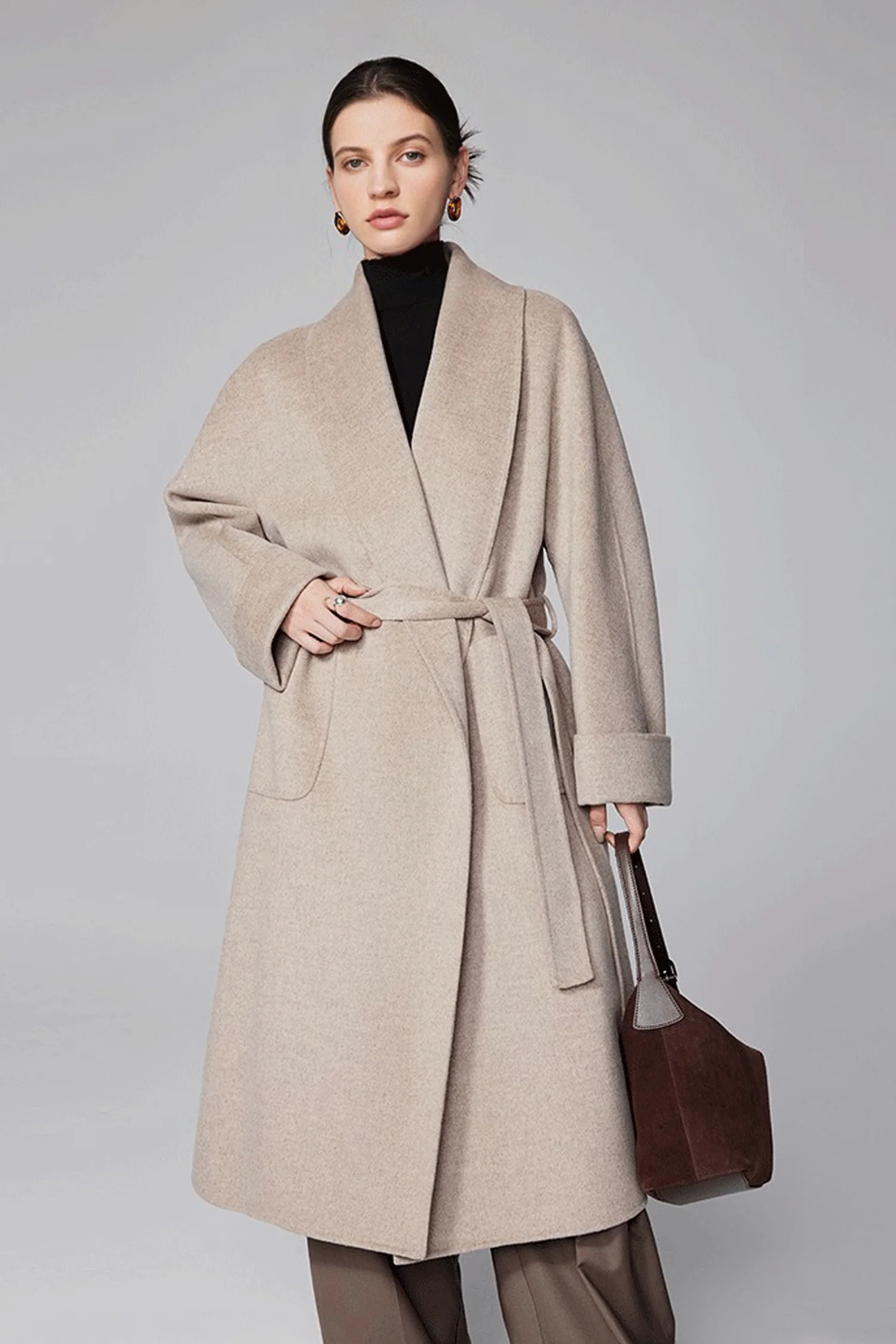 Shawl-Collar Wool-Cashmere Belted Maxi Wrap Coat - MIAOOOO