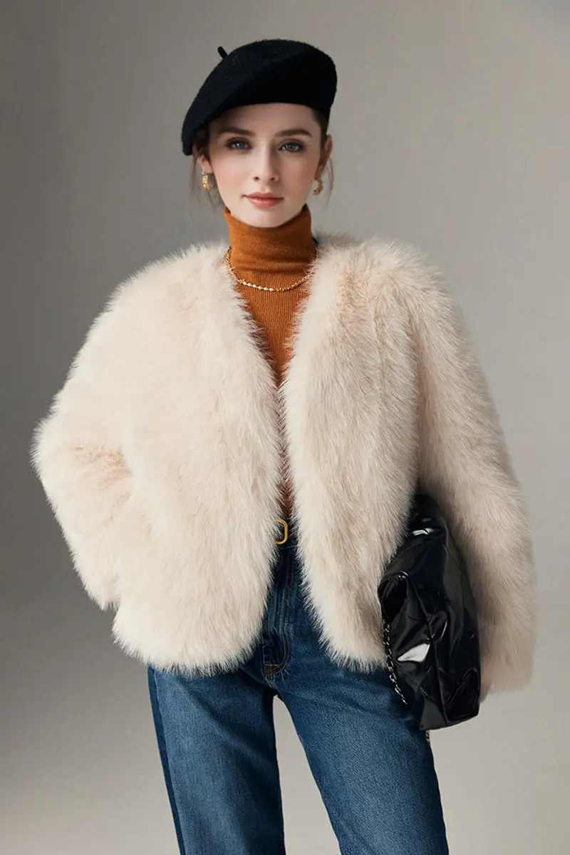 Cropped Faux Fox Fur V-Neck Open Front Jacket - MIAOOOO