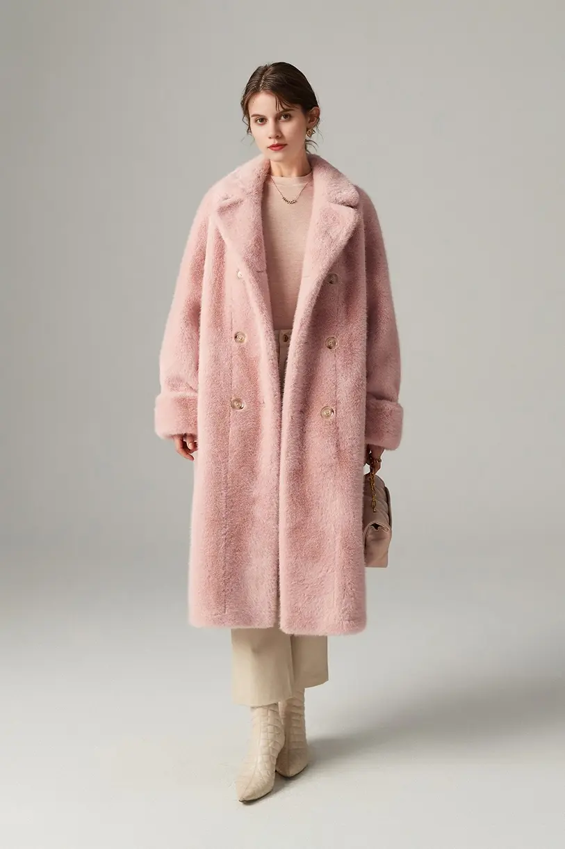 Long Double-breasted Pink Faux Fur Coat With Lapel Collar - MIAOOOO