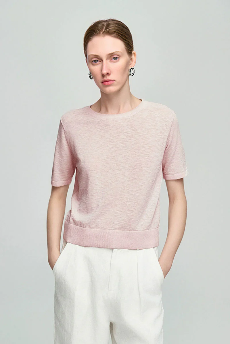 Relaxed Fit Cotton-Linen Short-Sleeve Crewneck T-Shirt with Ribbed Trims - MIAOOOO