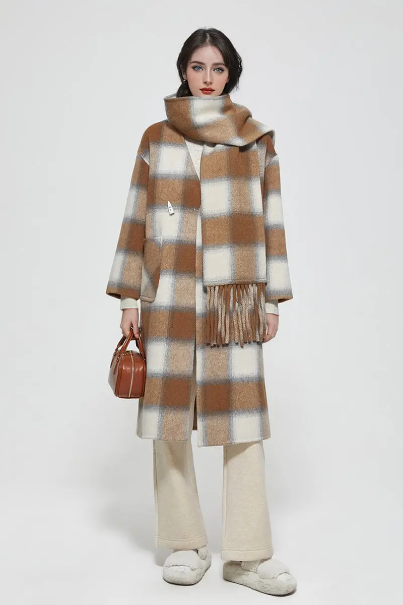 Collarless Double Faced Plaid Wool Coat - MIAOOOO