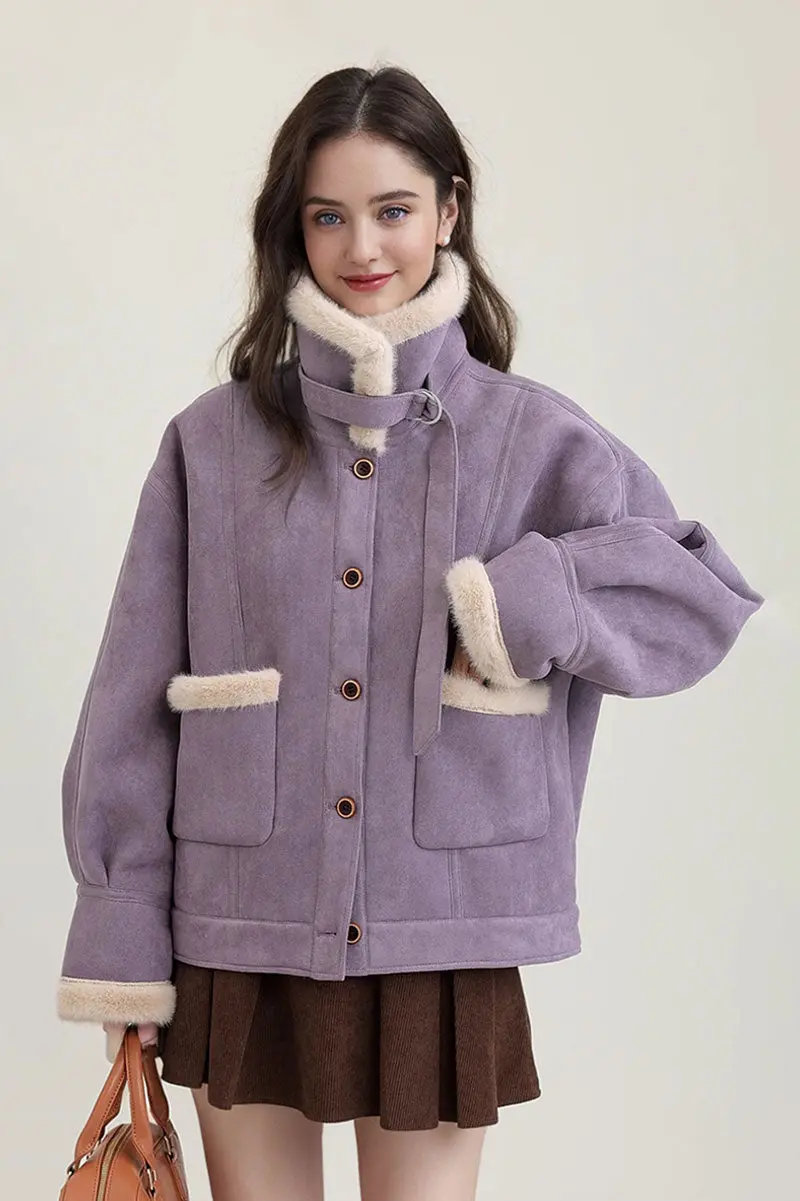 Faux Shearling Stand Collar Aviator Jacket - MIAOOOO