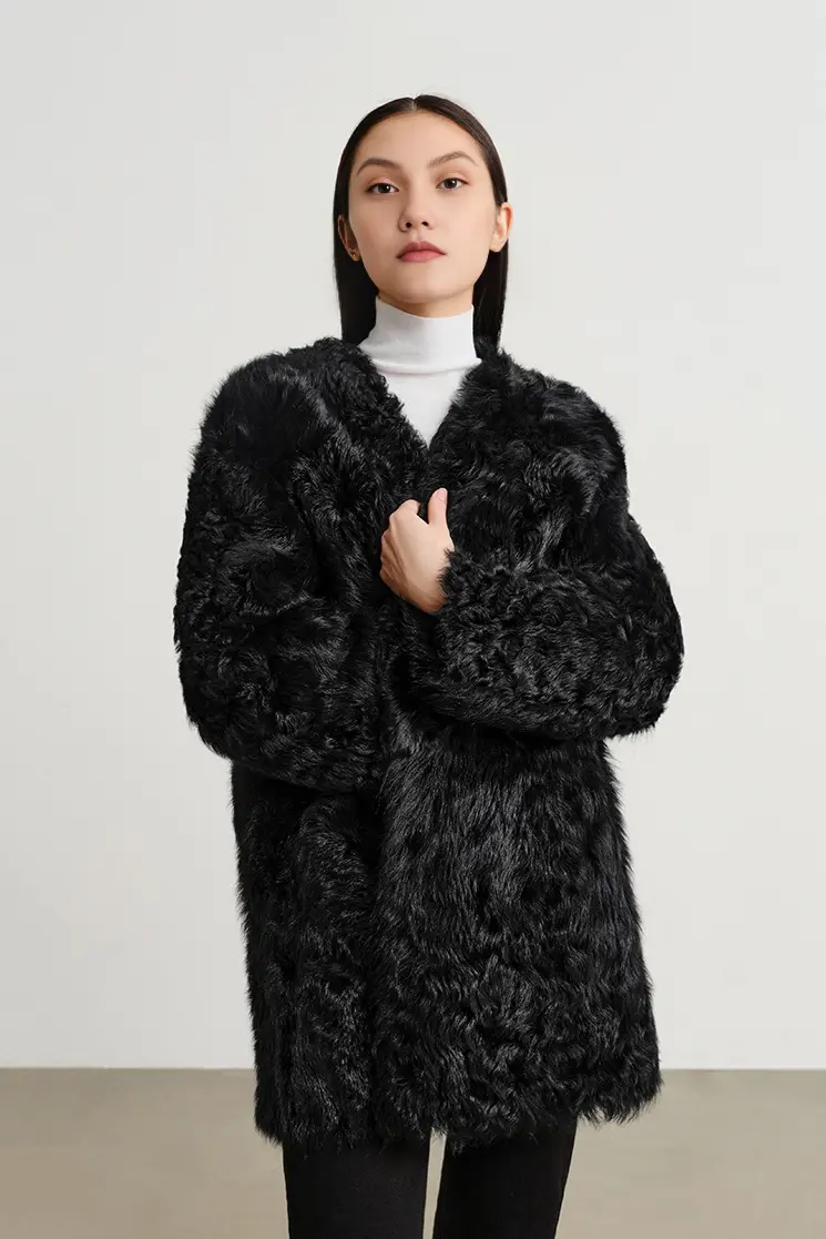 V-Neck Toscana Mid-Length Lambskin Shearling Coat - MIAOOOO