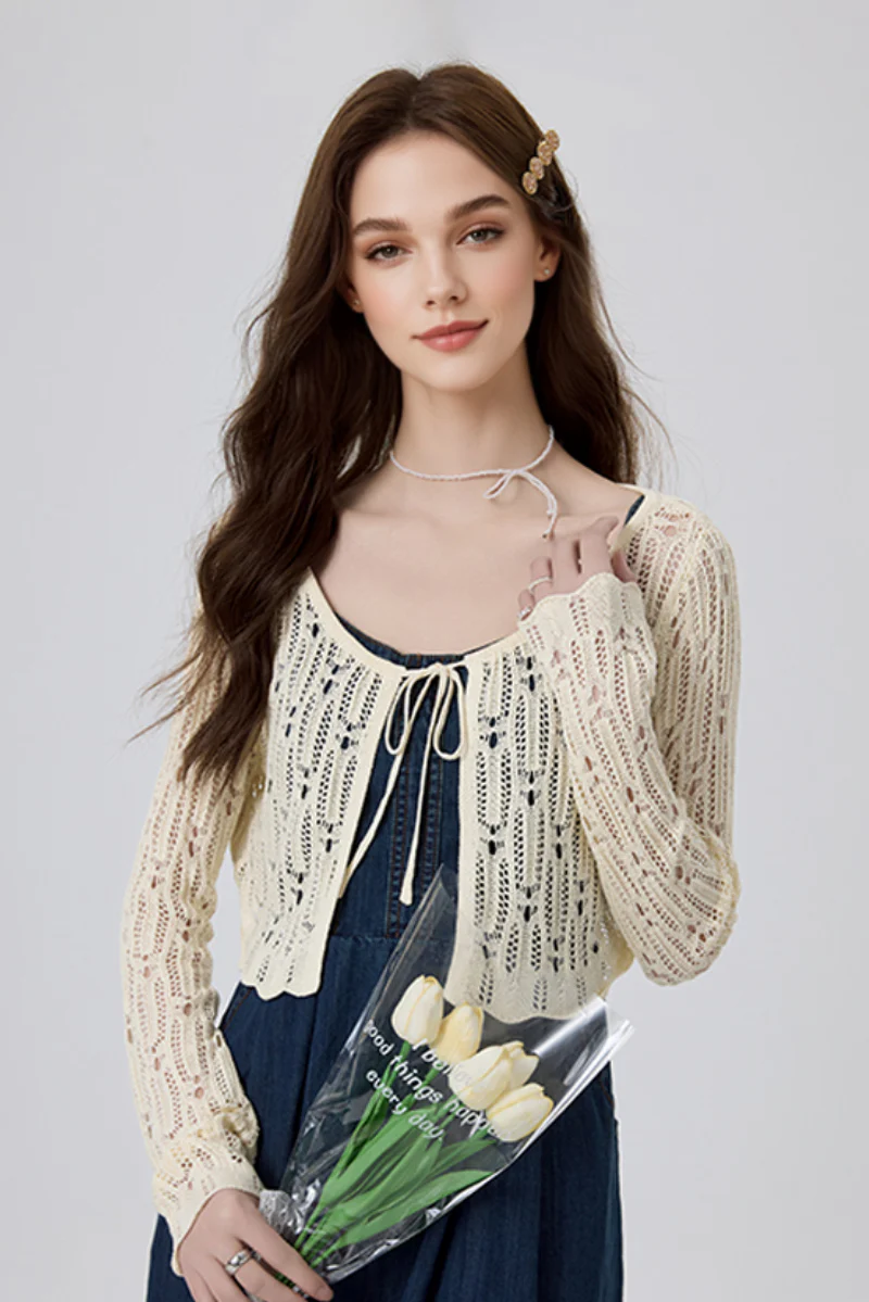Long-Sleeve Open-Knit Flyaway Cardigan - MIAOOOO