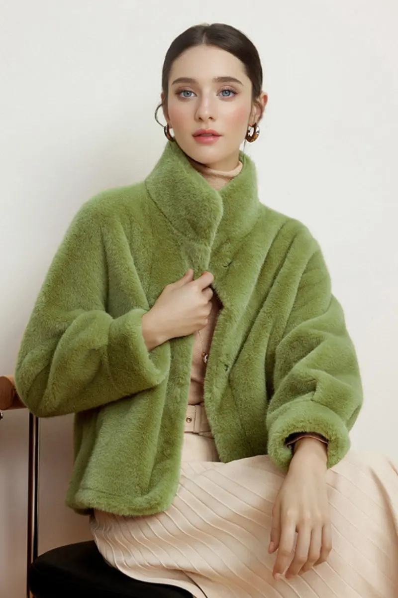 Cropped Faux Mink Fur Jacket with Stand Collar - MIAOOOO