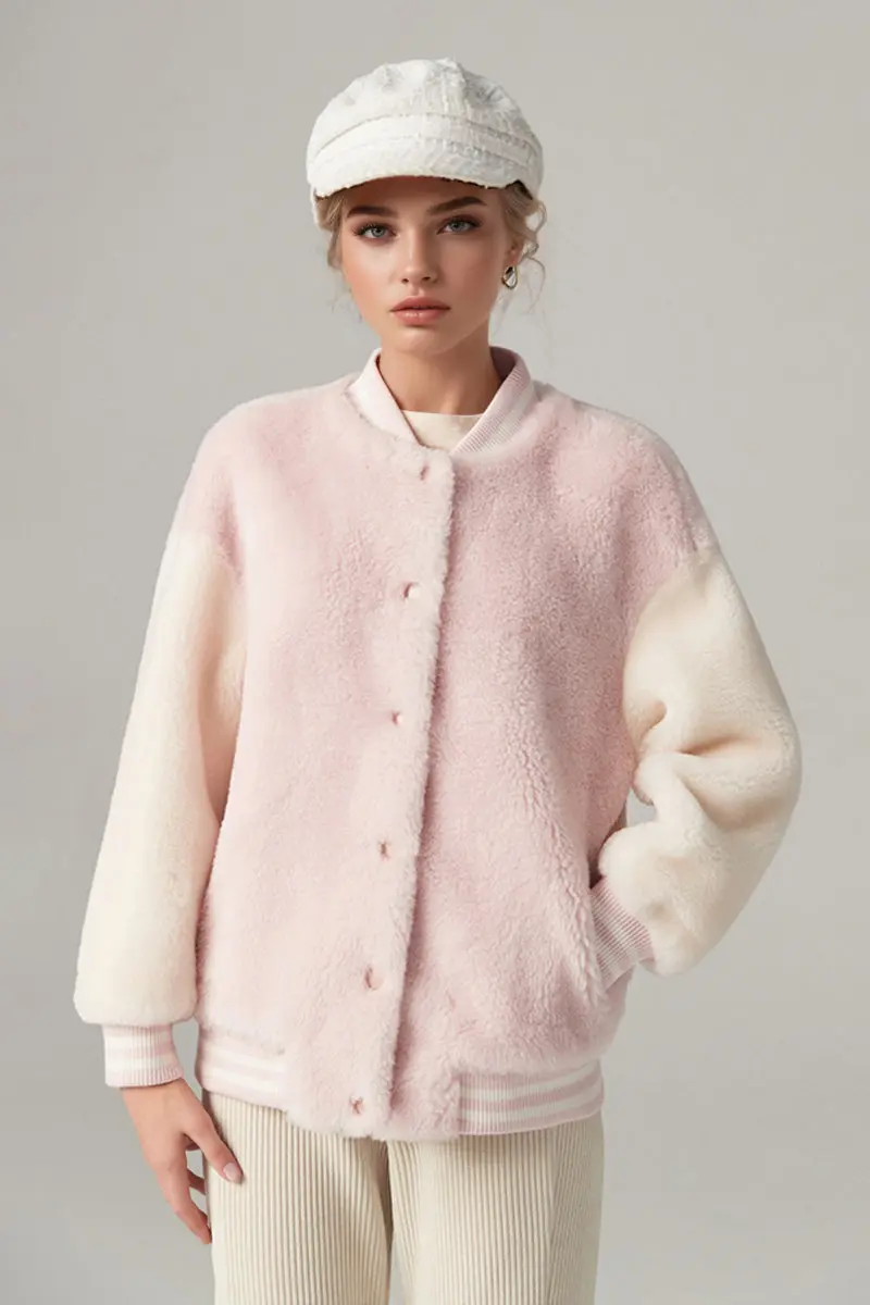 V Neck Color Block Shearling Bomber Jacket - MIAOOOO