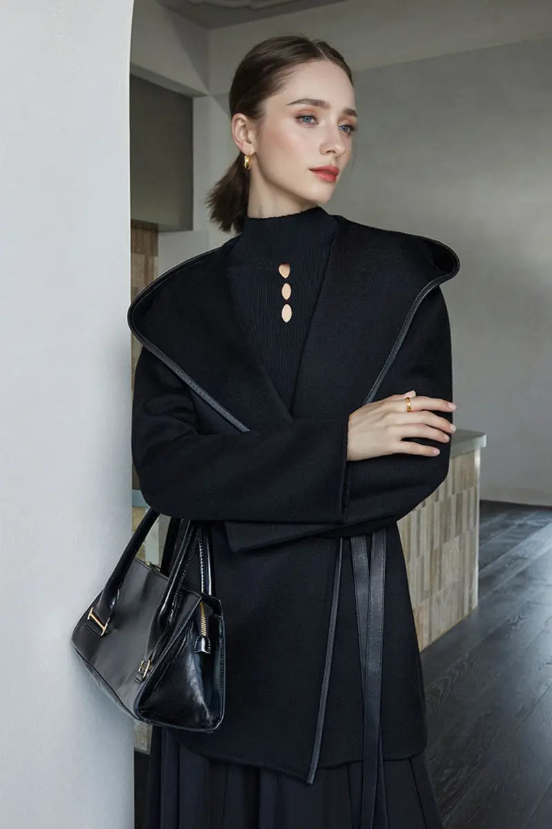 100 Cashmere Hooded Mid-Length Wrap Coat with Leather Belt - MIAOOOO