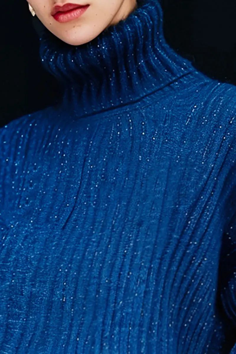 Wool Ribbed Turtleneck Shimmer Sweater in Royal Blue - MIAOOOO