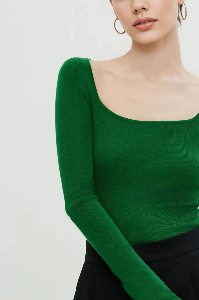 100 Merino Wool Slim-Fit Square-Neck Long-Sleeve Knit T Shirt - MIAOOOO