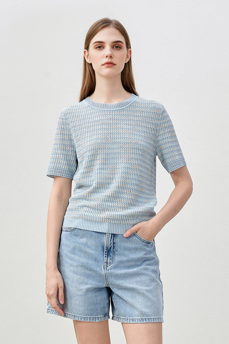 Japanese Cotton-Linen Sequin Short-Sleeve Crewneck Sweater - MIAOOOO