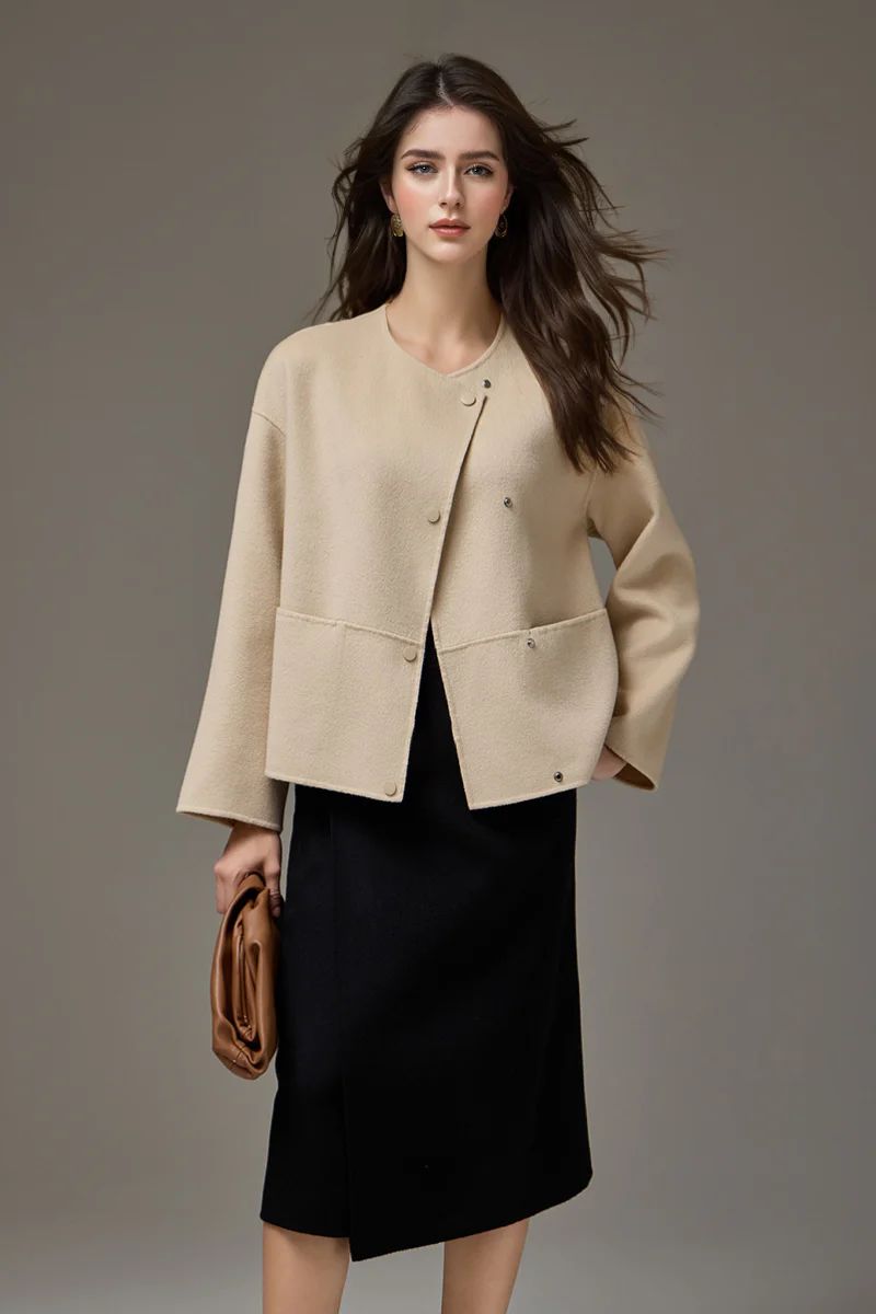 Cropped Asymmetric Collarless Double-Faced Wool Jacket - MIAOOOO