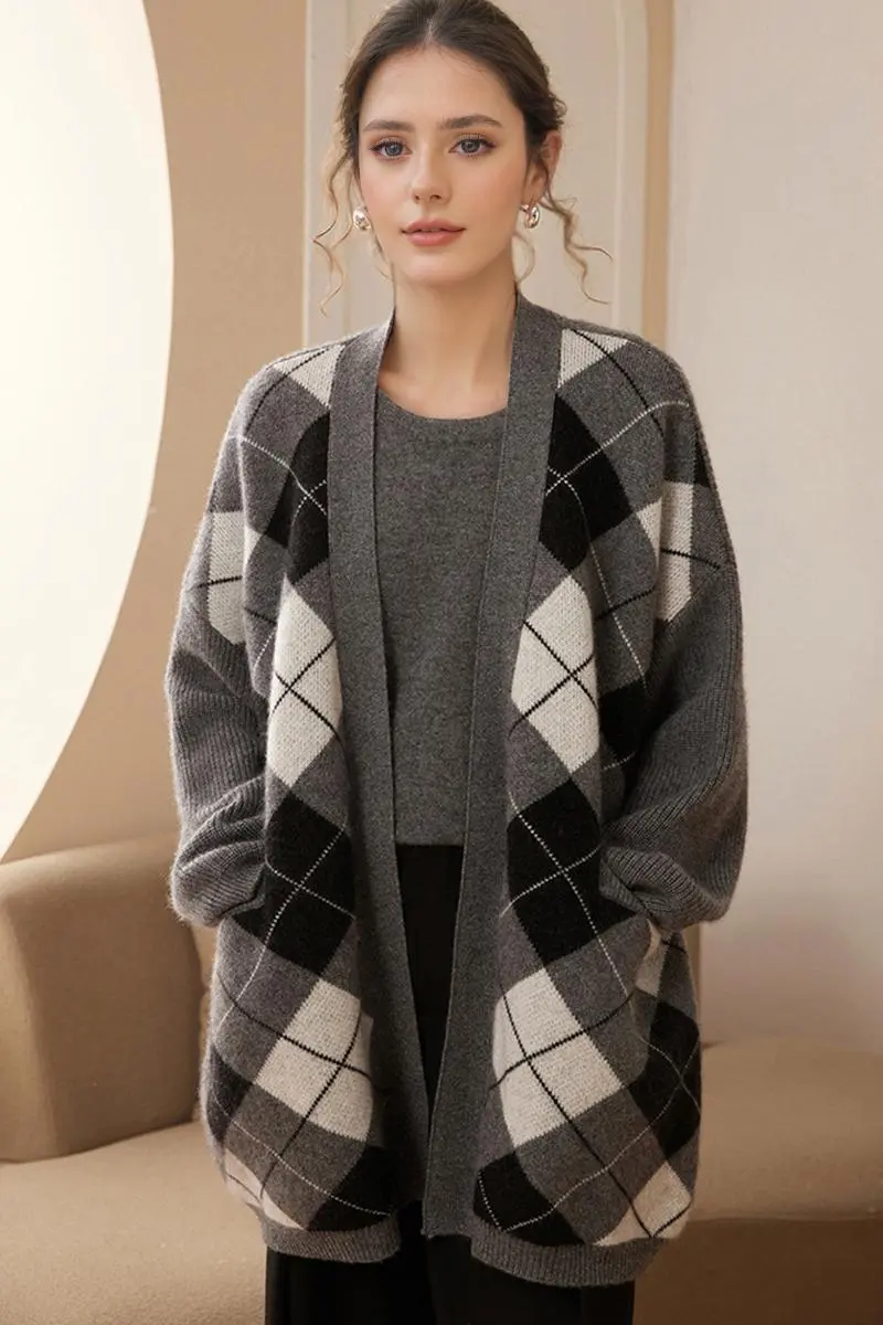100 Cashmere Chunky Argyle Open-Front Coatigan - MIAOOOO