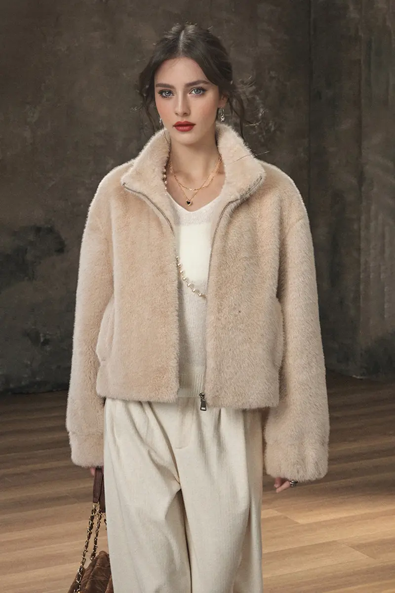 Stand Collar Zip Up Cropped Faux Mink Coat - MIAOOOO