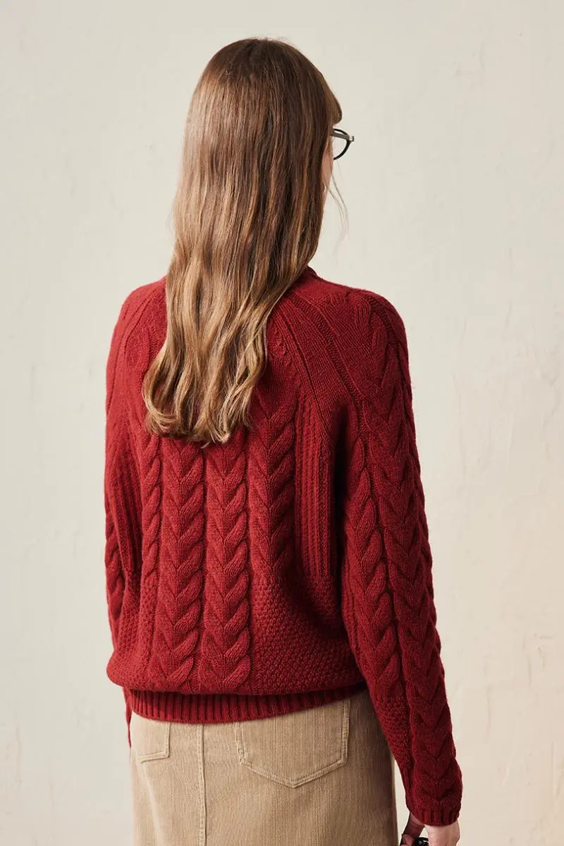 100 Wool Chunky Knit Cable Crew Neck Sweater - MIAOOOO