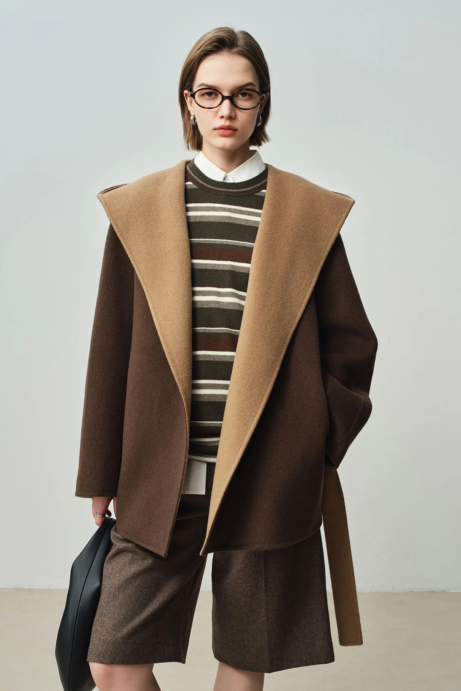 Two-Tone Hooded Wool-Cashmere Short Wrap Coat - MIAOOOO