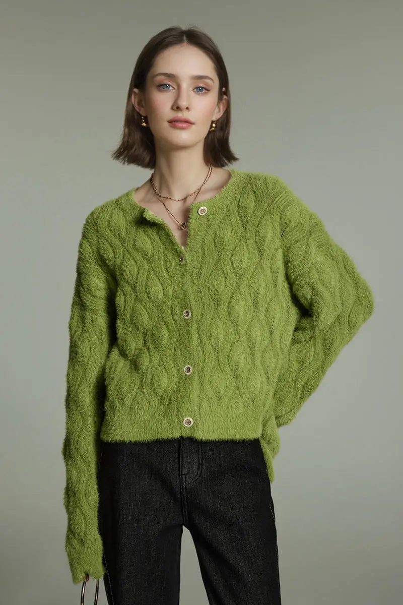 Faux Mink Fur Cropped Cable Knit Crewneck Cardigan - MIAOOOO