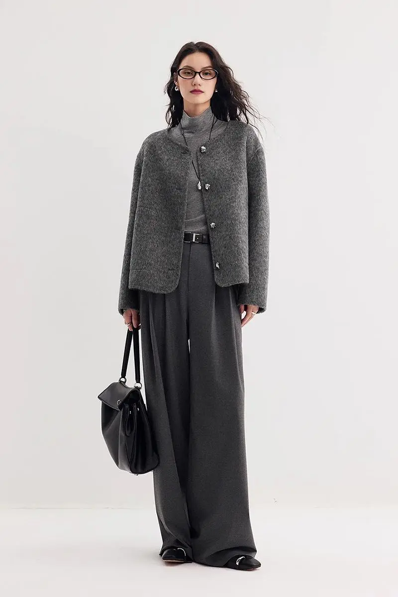 Silk Wool Blend Crewneck Cropped Jacket - MIAOOOO