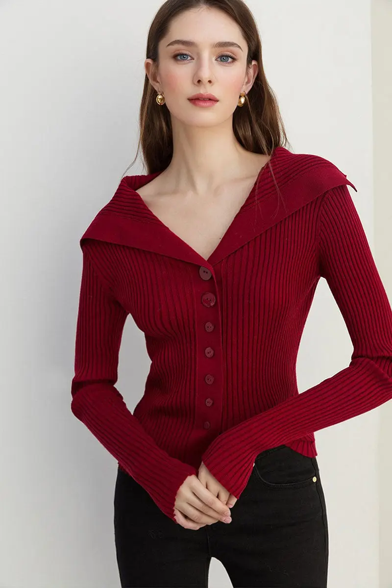 100 Washable Wool Ribbed Cardigan with Oversized Collar - MIAOOOO