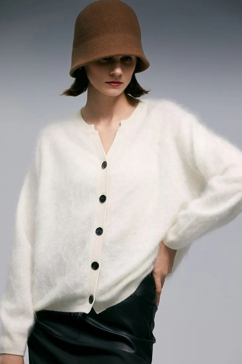 Cloud-Soft Brushed Cashmere Crewnck Cardigan - MIAOOOO