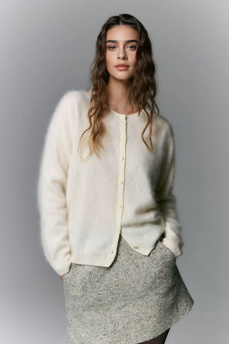 Classic Brushed Cashmere Crewneck Button Front Cardigan - MIAOOOO