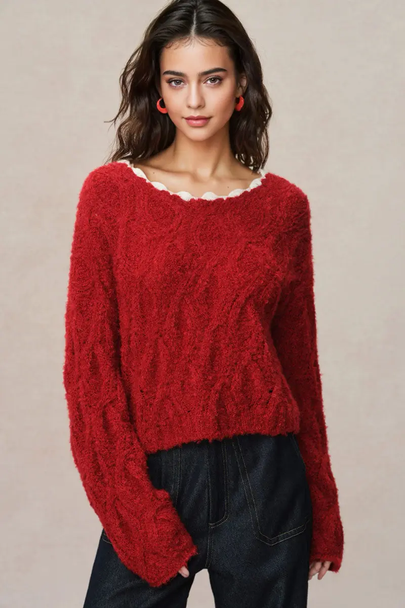 Oversized Mohair-Blend Cable Knit Scoop Neck Sweater - MIAOOOO