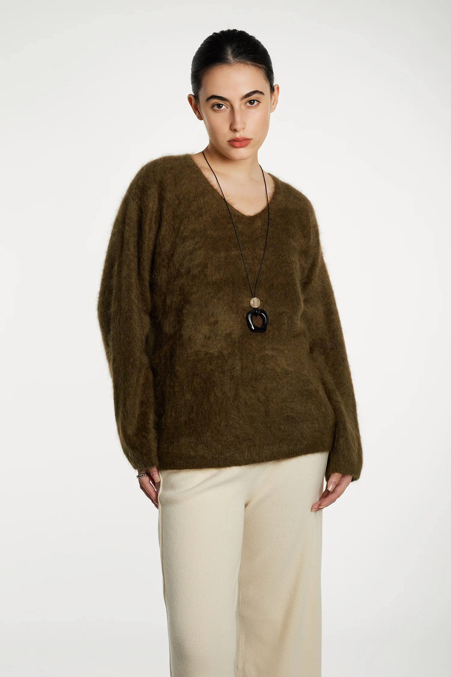 Oversized Brushed Cashmere Marled V-Neck Sweater - MIAOOOO