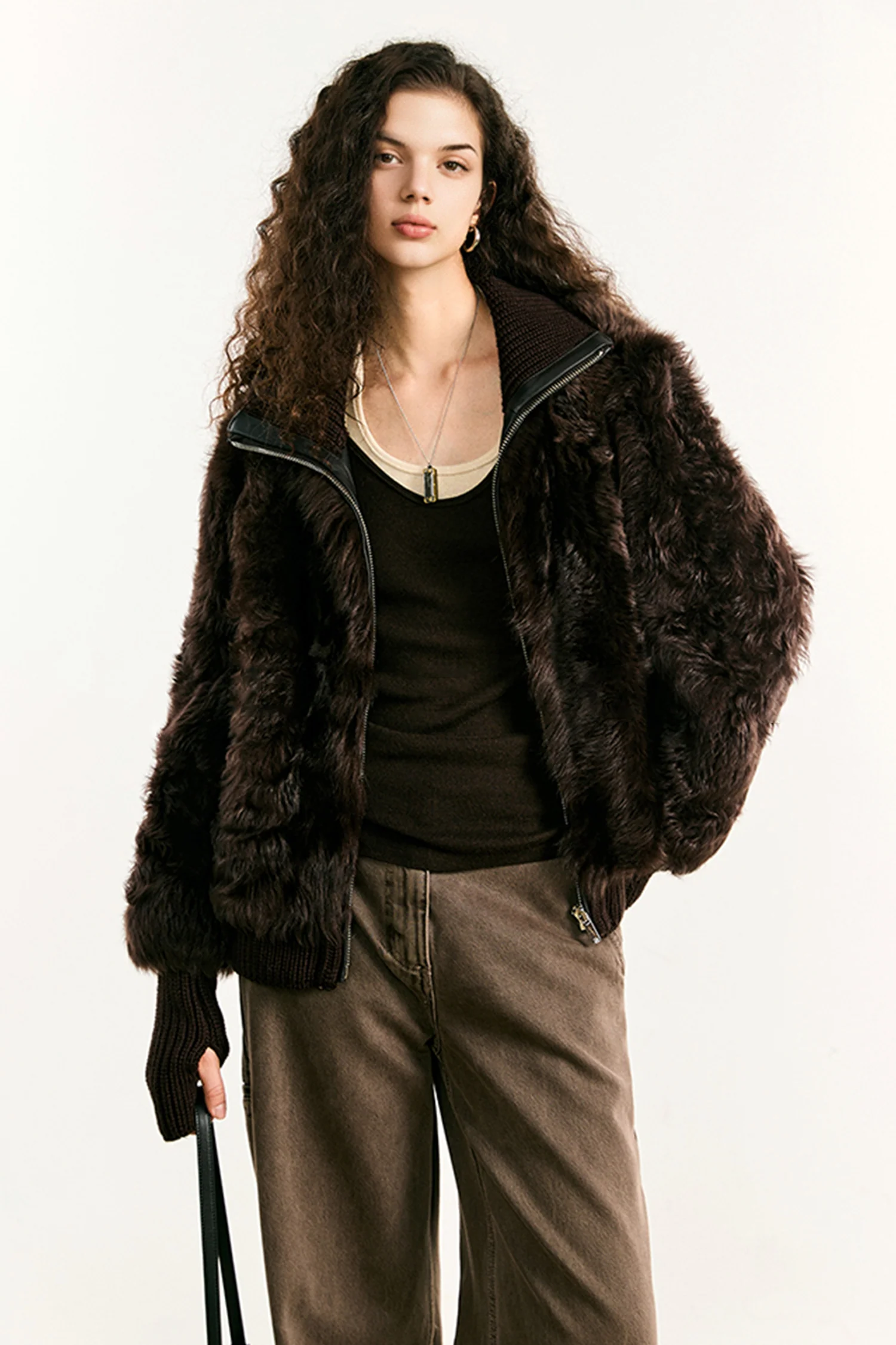 Toscana Shearling Spanish Sheepskin Bomber Jacket with Wool Knit Collar - MIAOOOO
