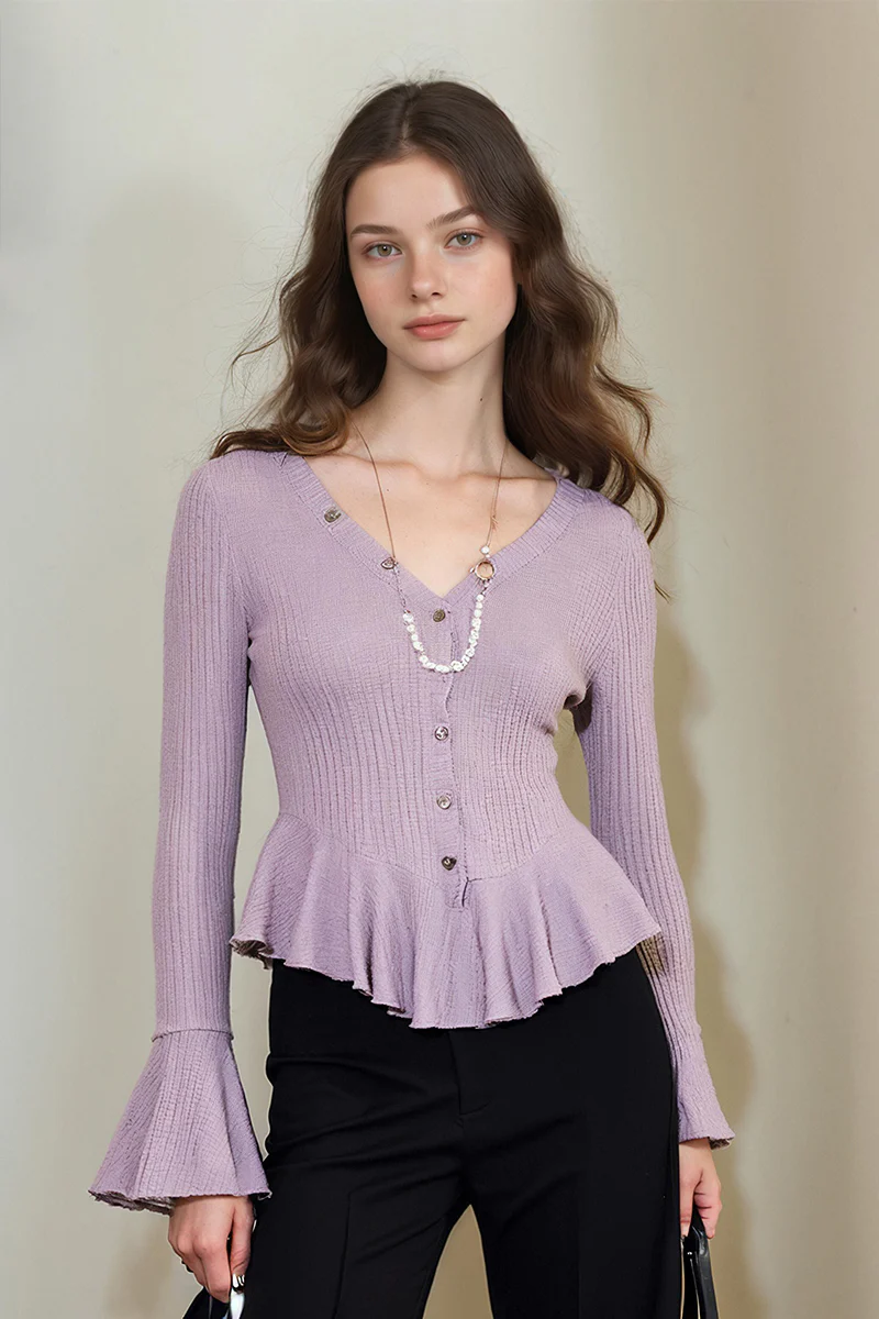 Long-Sleeve Button-Up V-Neck Peplum Blouse in Purple - MIAOOOO
