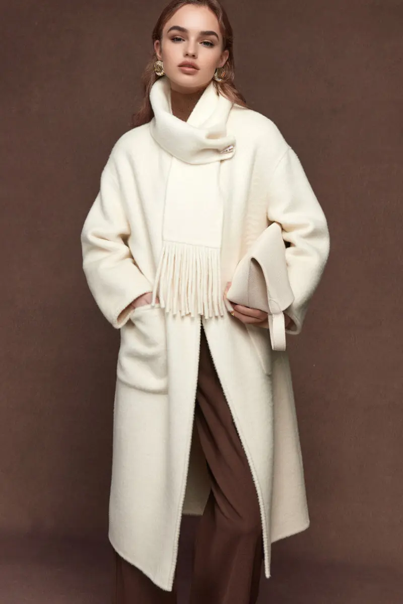 Oversized Crewneck Double Faced Long Wool Coat with Scarf - MIAOOOO