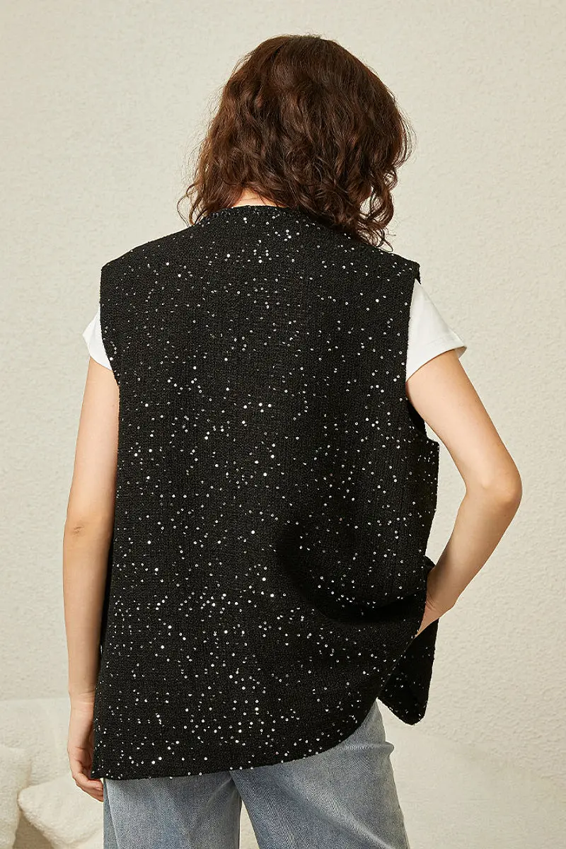 Wool Blend Sequin-Embellished Tweed Vest in Black - MIAOOOO