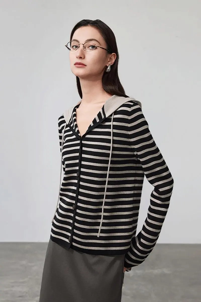 Machine Washable Merino Wool Striped Hooded Cardigan - MIAOOOO