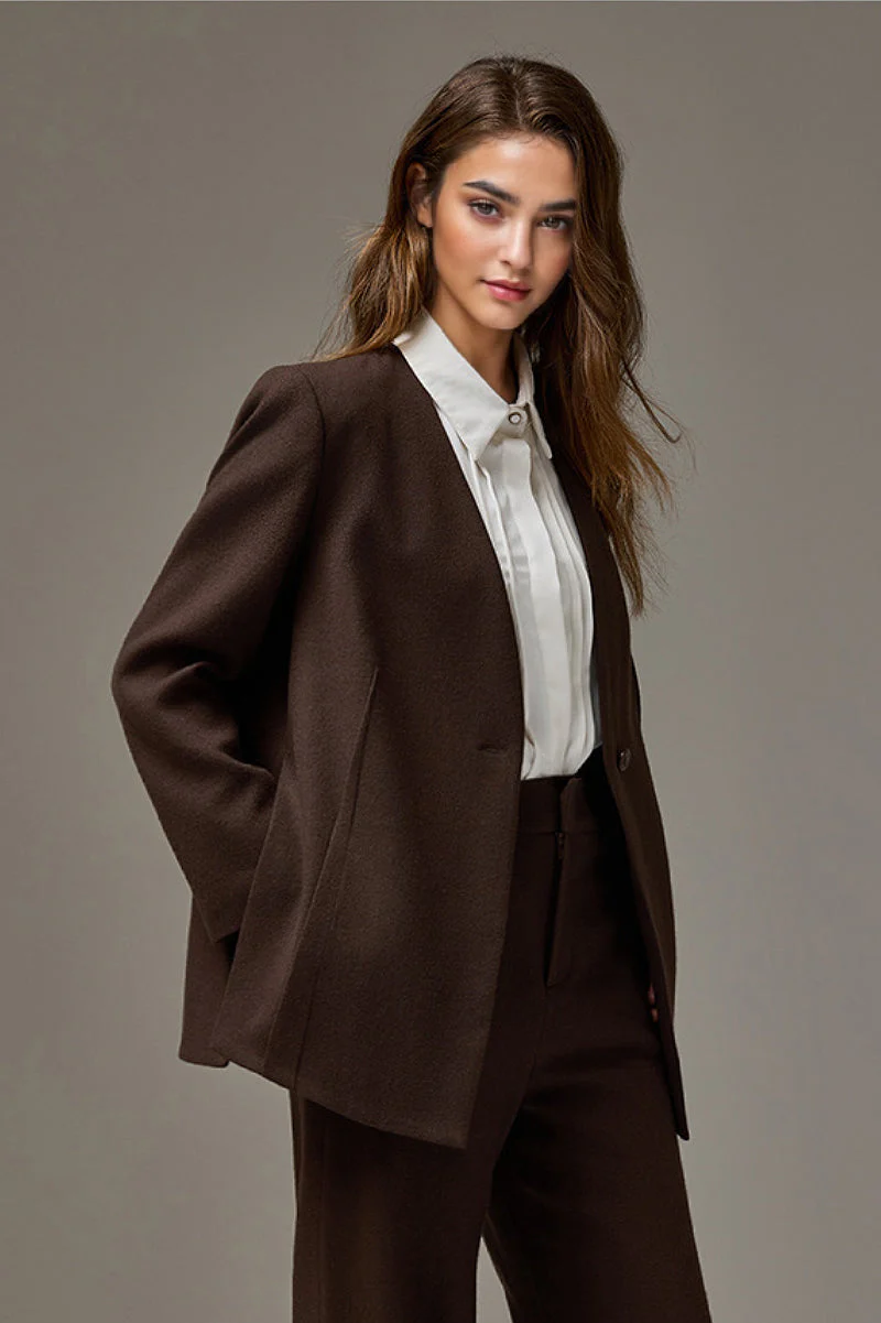 Collarless One-Button V-Neck Wool Blazer - MIAOOOO
