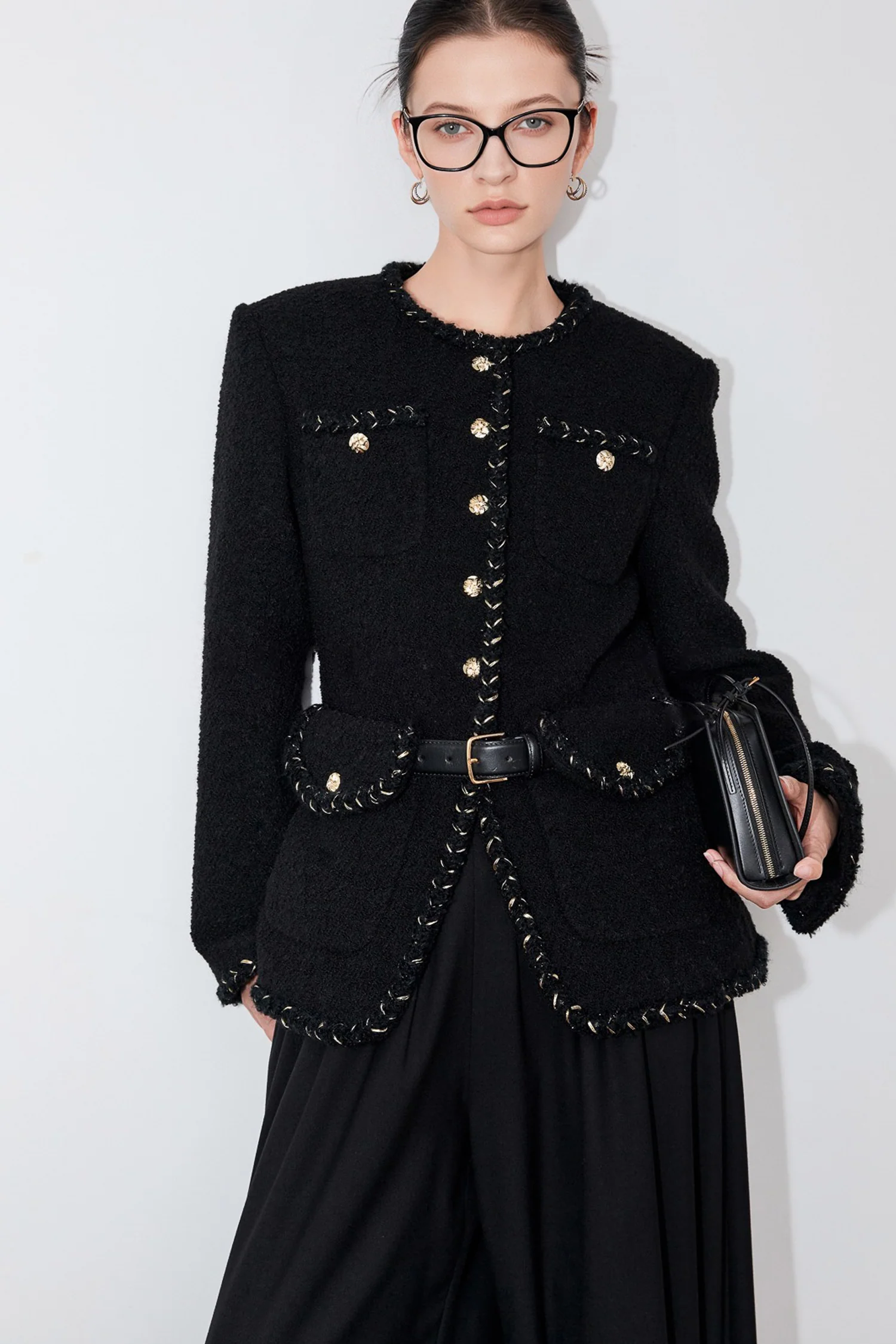 Chic Wool Tweed Braided-Trim Belted Jacket - MIAOOOO