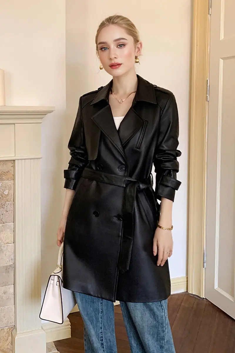 Real Leatrher Mid-Length Double Breasted Trench Coat with Belt - MIAOOOO