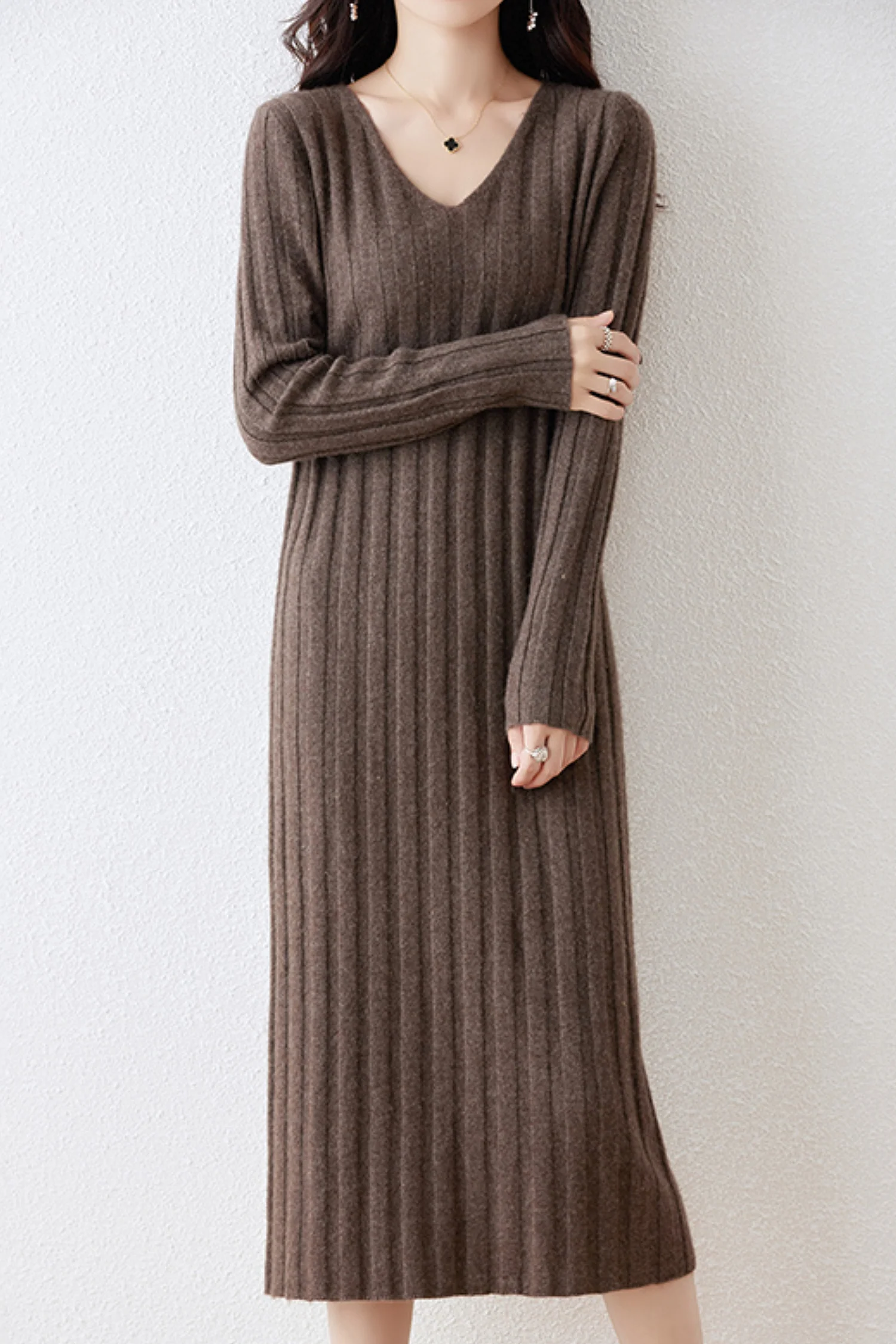 100% Merino Wool Long Sleeve Wide-Rib Midi Sweater Dress - MIAOOOO