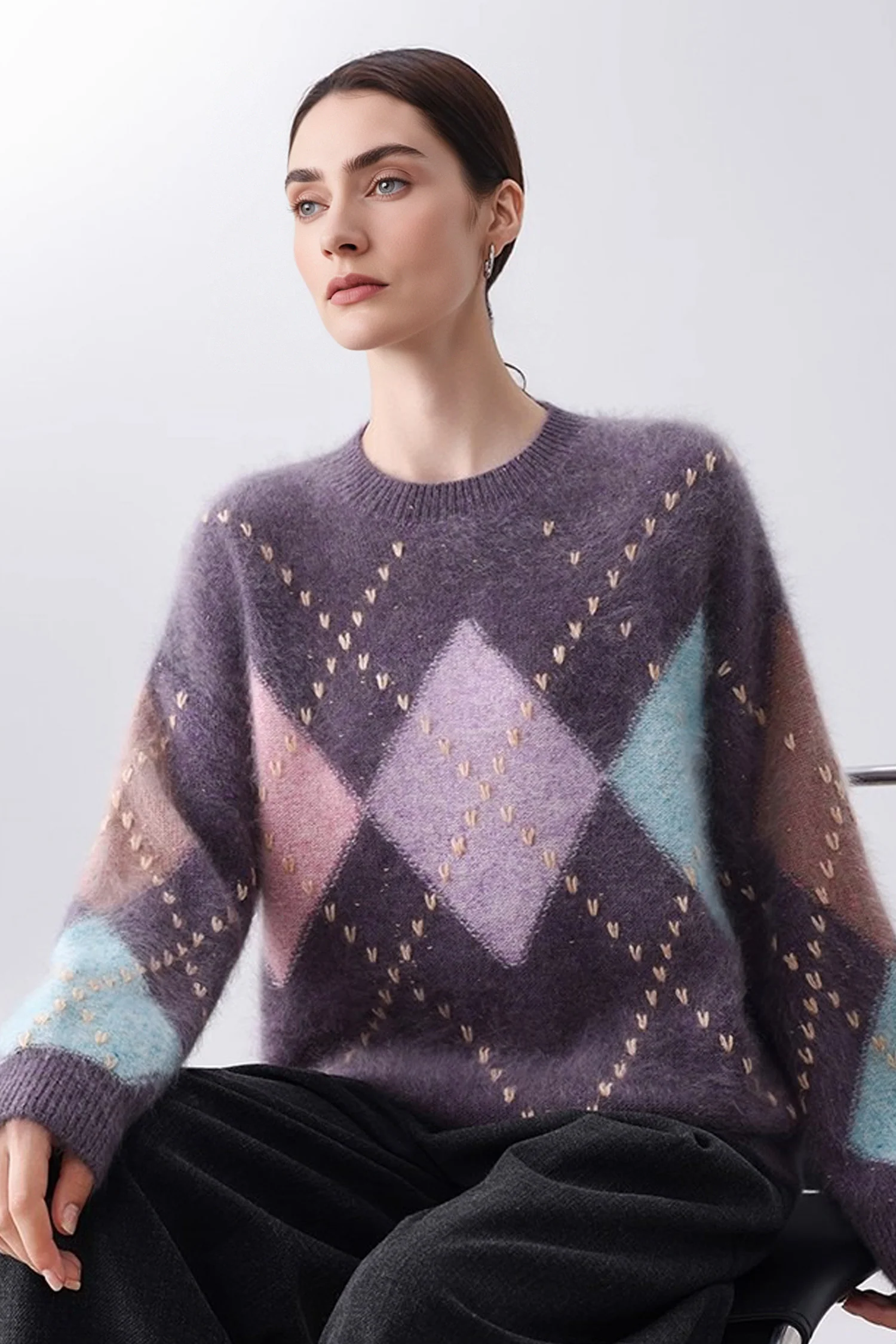 Ultrasoft Brushed Cashmere Hand-Embroidered Argyle Sweater - MIAOOOO