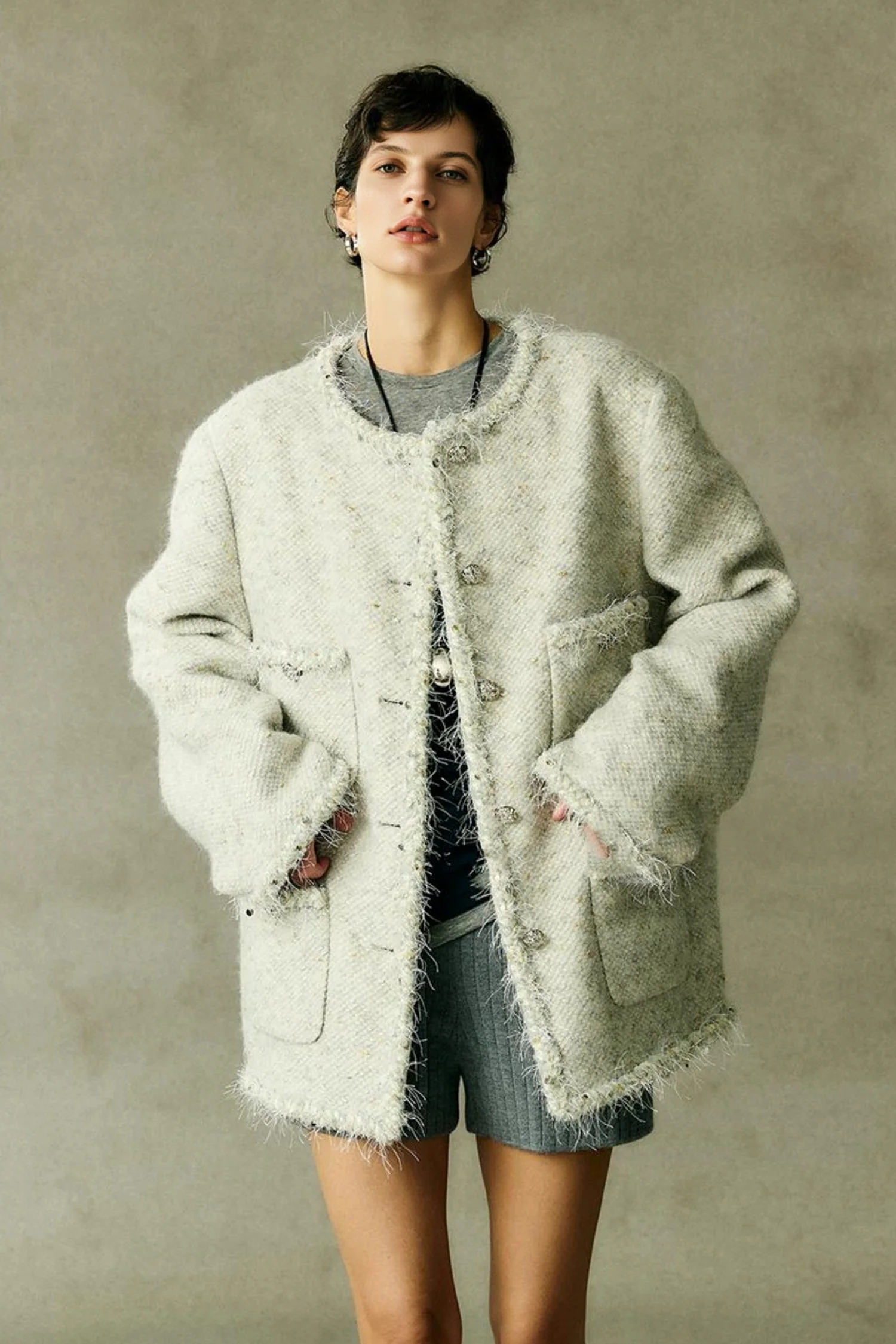 Oversized Wool Metallic Tweed Jacket with Braided Trim - MIAOOOO