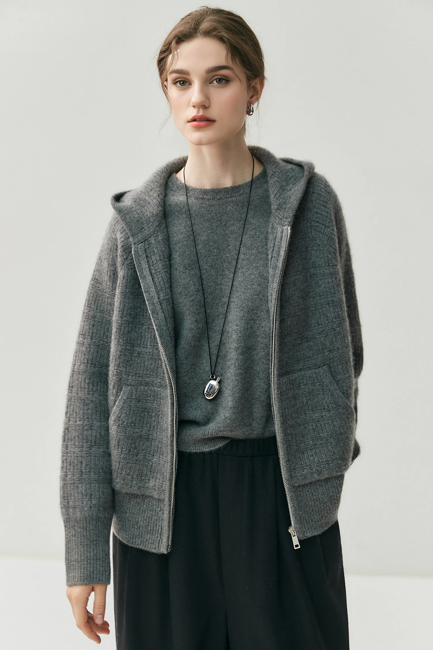 Chunky Relaxed Cashmere-Merino Hooded Zip-Up Cardigan - MIAOOOO