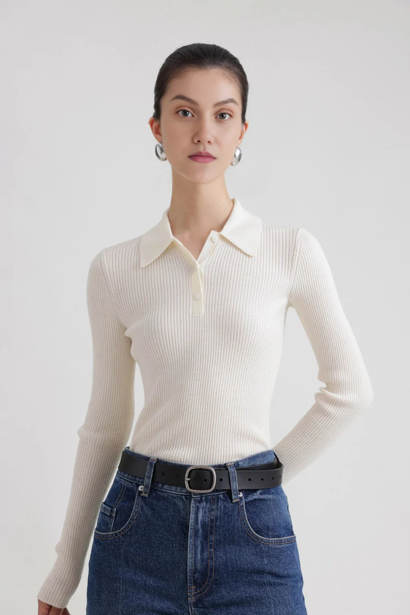 Washable Wool Rib Knit Long Sleeve Polo - MIAOOOO