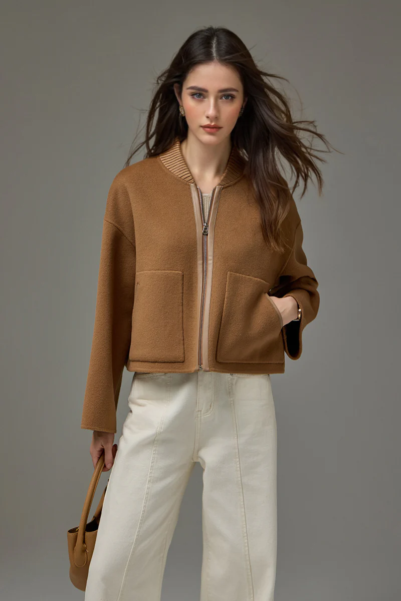 Cropped Wool-Cashmere Doule-Faced Zip-Up Bomber Jacket - MIAOOOO