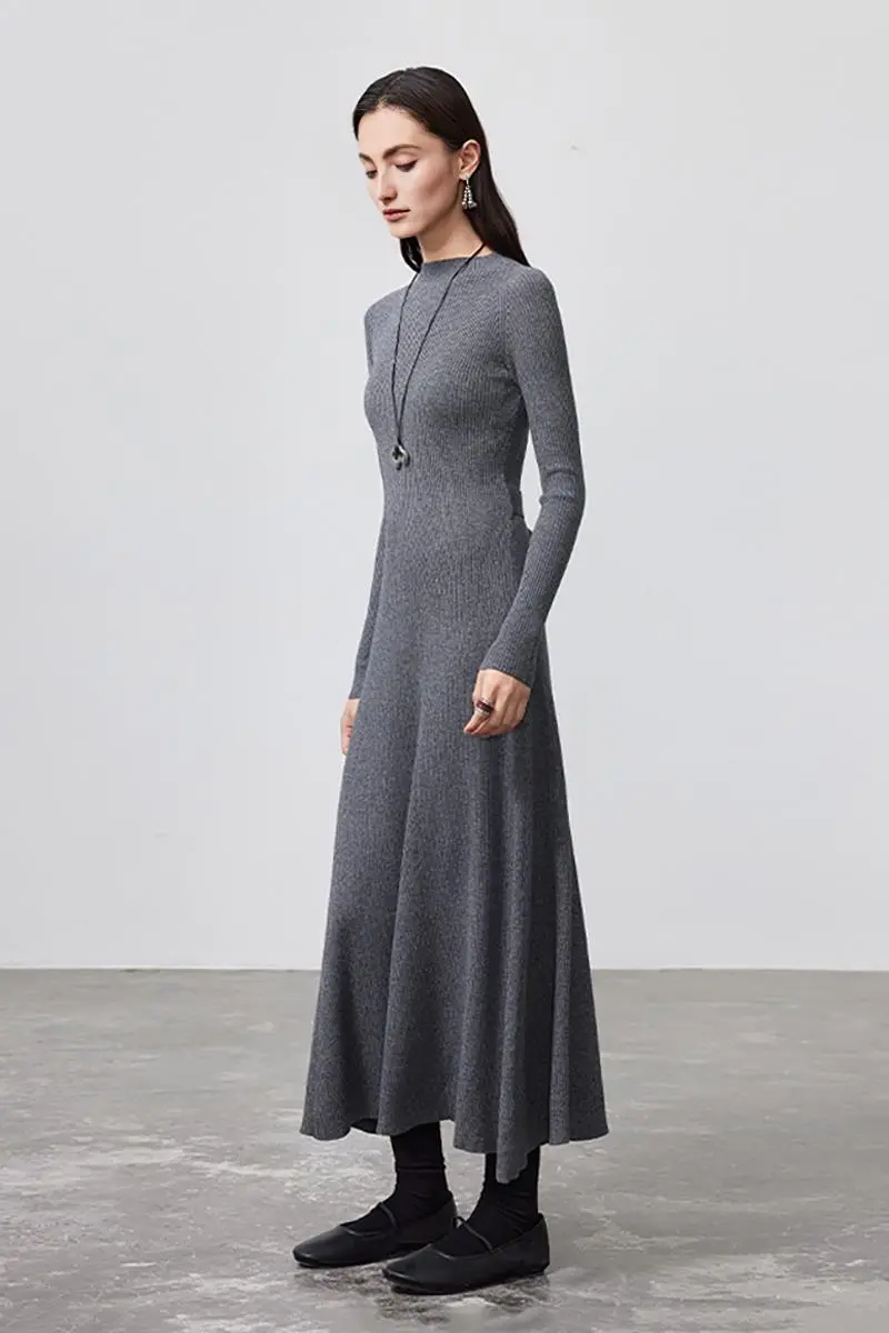 Machine Washable Merino Wool Fit & Flare Midi Sweater Dress with Belt - MIAOOOO
