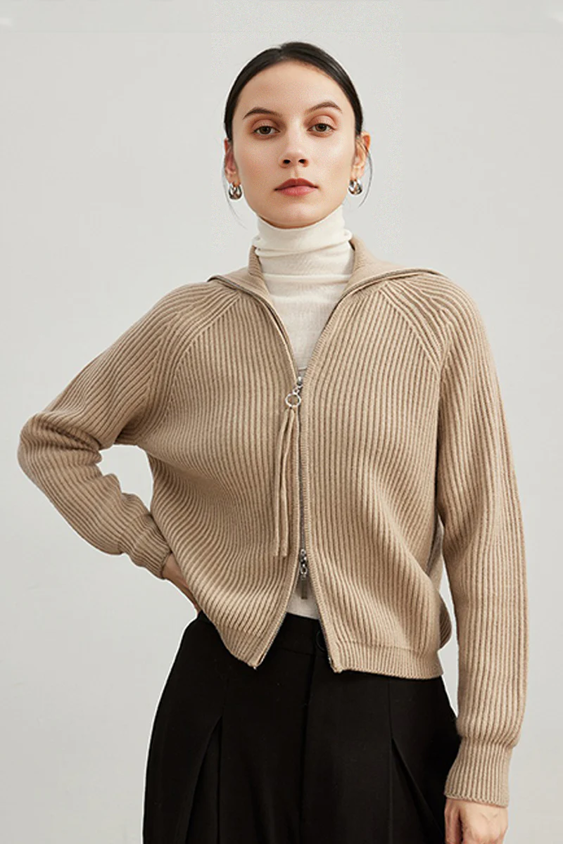 100% Merino Wool Double-Zip Coatigan with Wide Collar - MIAOOOO