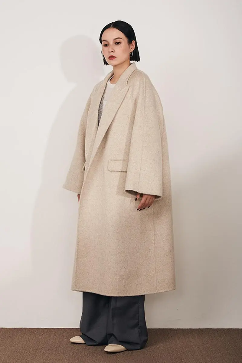 Long Wool Silk Blend Wrap Coat with Notched Lapel - MIAOOOO